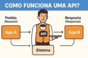 Ilustração simples de como funciona uma API, com duas aplicações ligadas por uma interface que representa um empregado de mesa