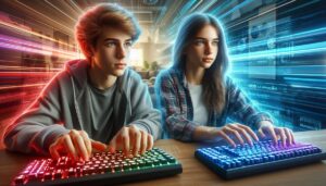 Dois jovens a treinar a digitação com o AgileFingers – ferramenta educativa com jogos de teclado