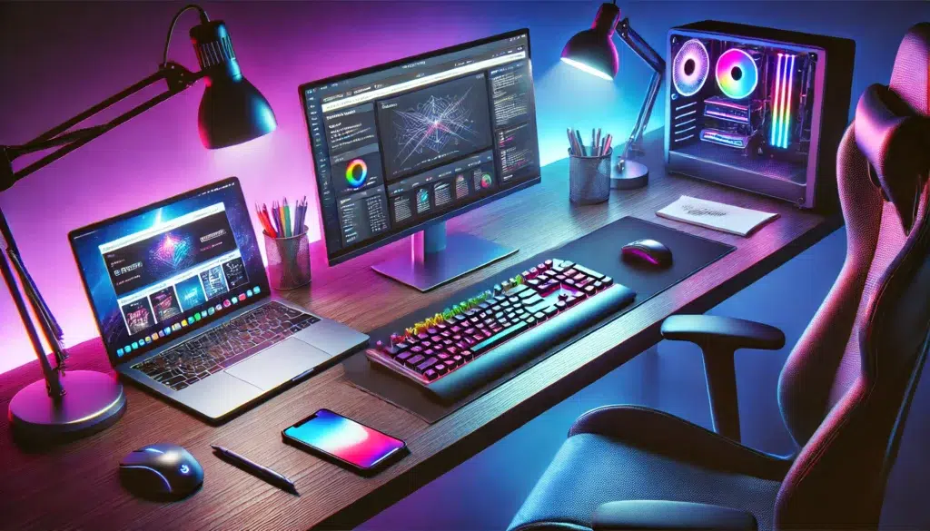 Setup moderno com iluminação RGB e dispositivos conectados, representando a criação e design de sites. Saiba mais sobre o que é um site e como otimizar para SEO.