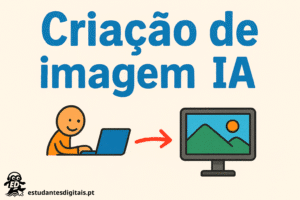 Ilustração em estilo desenho à mão com a frase "Criação de imagem IA", um boneco a usar um portátil e uma seta vermelha a apontar para um monitor com uma imagem digital.