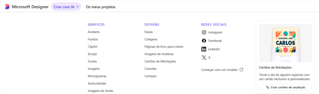Algumas funcionalidades do Microsoft Designer