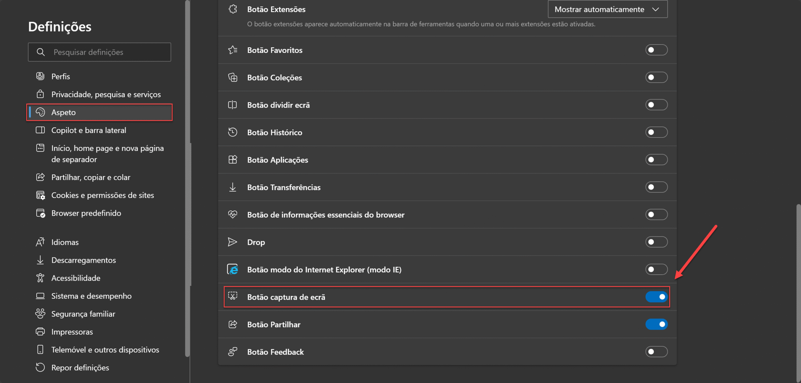 Captura no navegador Microsoft Edge