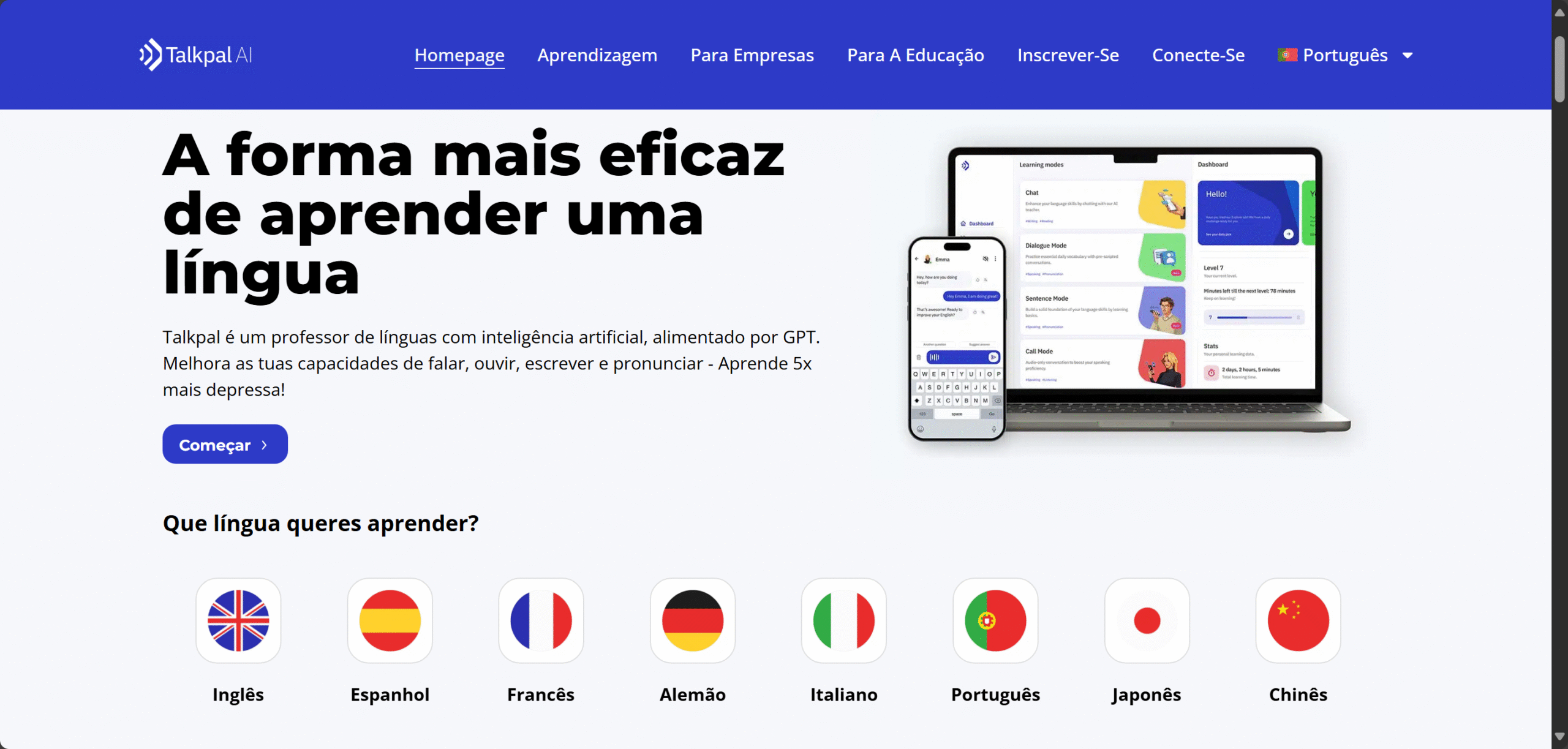Página inicial da TalkPal AI, uma aplicação que utiliza inteligência artificial para ensinar idiomas. Mostra opções de línguas como inglês, espanhol e francês, e apresenta a interface da app em dispositivos móveis e computador.