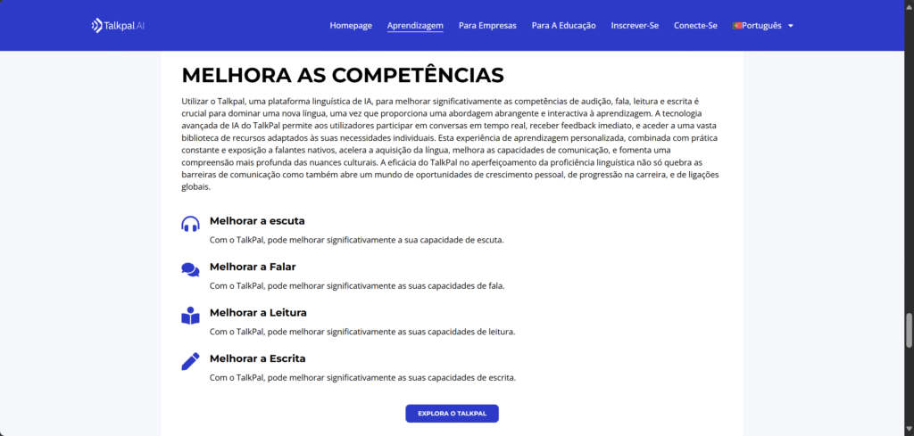 Página da TalkPal AI destacando funcionalidades para melhorar escuta, fala, leitura e escrita com inteligência artificial.