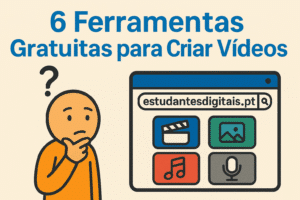 Ilustração de estilo simples e educativo a representar ferramentas gratuitas para criar vídeos, com destaque para CapCut, Audacity, Suno AI, Pixabay, Leonardo AI e estudantesdigitais.pt.