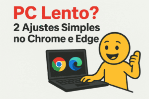Ilustração digital em estilo flat com fundo cinzento claro. No topo está o texto em português: “PC Lento?” em vermelho e “2 Ajustes Simples no Chrome e Edge” em preto. Um boneco amarelo sorri e faz sinal de positivo com uma mão enquanto opera um portátil preto que exibe os ícones do Chrome e do Edge no ecrã.
