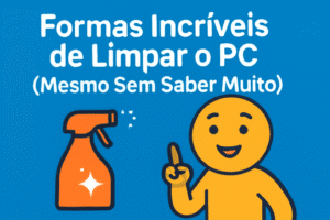 Ilustração digital em estilo flat com fundo azul e texto branco: “Limpar o PC nunca foi tão fácil – 2 formas simples para acelerar o Windows”. Um boneco sorridente aponta para ícones de limpeza digital, representando as duas soluções explicadas no artigo.