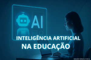 "Mulher a interagir com tecnologia de Inteligência Artificial num ambiente educacional futurista. A imagem mostra um chatbot holográfico e o texto 'AI' numa interface digital, enquanto a mulher trabalha no seu laptop. A cena destaca o uso de IA na educação, com ênfase na interação digital e personalização de aprendizagem.