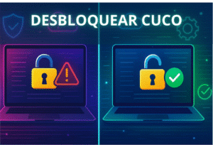 Imagem ilustra 2 computadores um bloqueado e outro desbloqueado representando uma situação de um computador bloqueado por um sistema de segurança