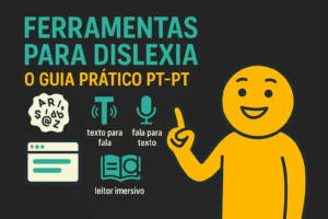 Imagem que ilustra ferramentas digitais úteis para apoiar estudantes com dislexia, incluindo texto para fala, fala para texto e leitor imersivo.