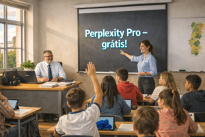 Professor explicando sobre o acesso gratuito ao Perplexity Pro numa sala de aula moderna. O quadro negro exibe a mensagem 'Perplexity Pro – grátis!', destacando uma promoção da MEO. Alunos atentos participam da aula, com tablets à frente. A imagem transmite a utilização de tecnologias inovadoras no ensino, mostrando o impacto da IA na educação.