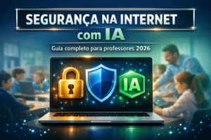 Segurança na internet com IA: professores e alunos em sala de aula moderna a aprender cibersegurança para o Dia da Internet Mais Segura 2026