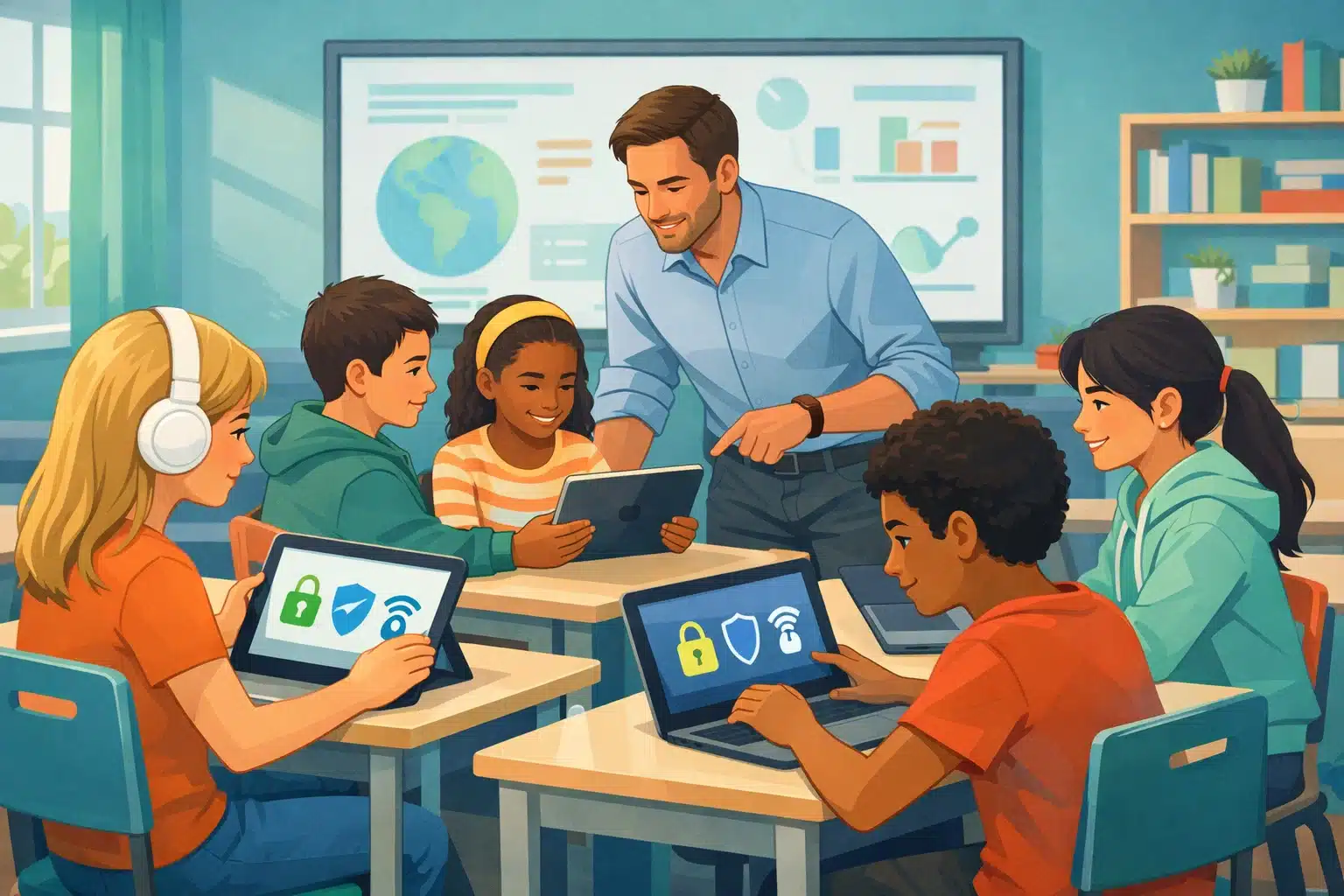 Imagem de uma sala de aula com crianças e um professor utilizando dispositivos digitais, como tablets e laptops, enquanto discutem temas de segurança na internet e privacidade digital, com ícones de proteção e segurança.