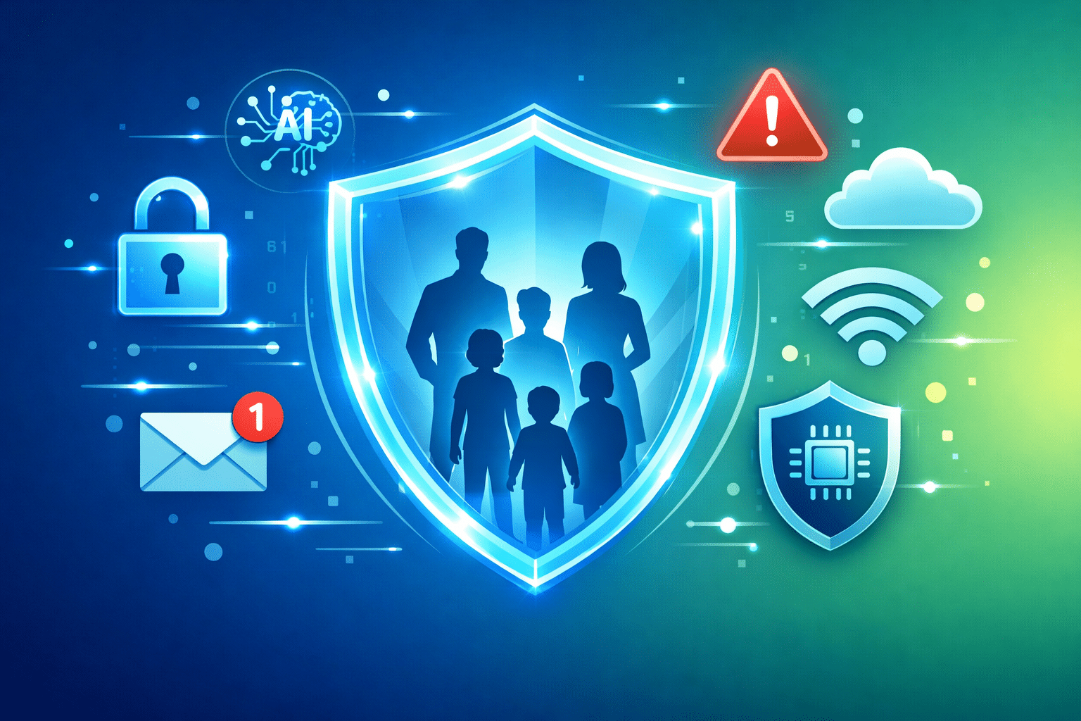 Ilustração de uma família protegida por um escudo digital, com ícones representando segurança na internet, inteligência artificial, nuvem, Wi-Fi, e a comunicação por email, simbolizando a proteção online.