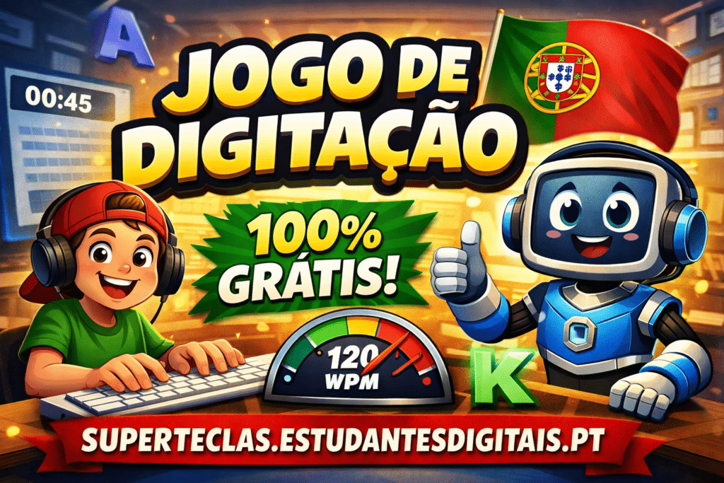 Criança e robô a escrever num computador com teclado português. Jogo de digitação Super Teclas Escolar, 100% gratuito.