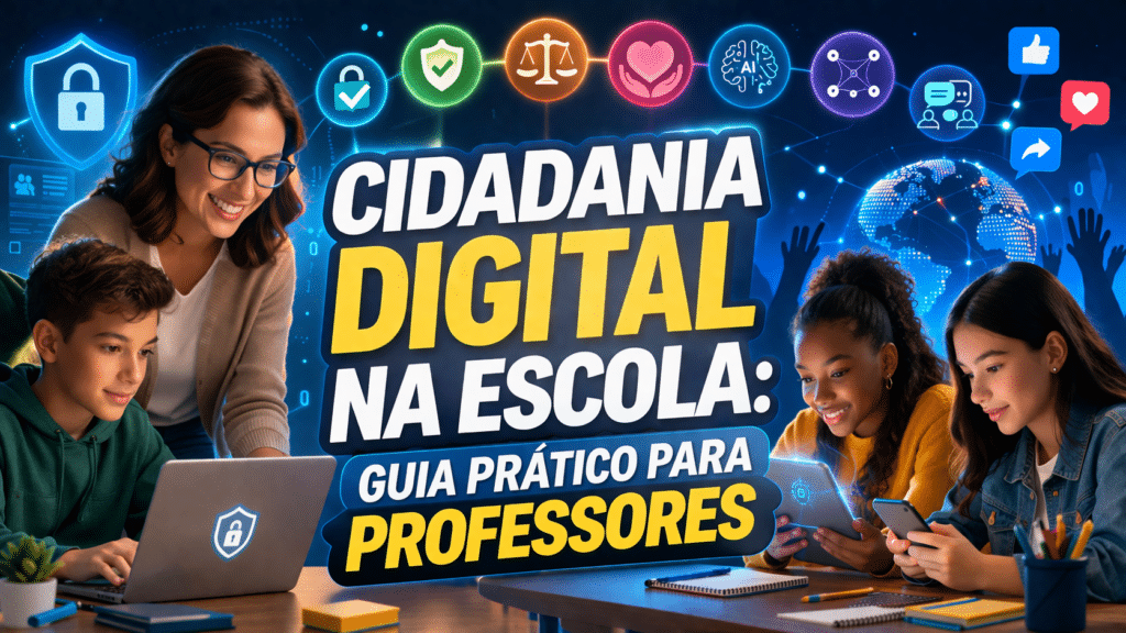 Imagem de capa para o artigo/blog “Cidadania Digital na Escola: Guia Prático para Professores”. Mostra professores e alunos a interagir com laptops, tablets e smartphones, com ícones representando cidadania digital, segurança, empatia e IA responsável. Estilo moderno, vibrante, em formato 16:9, ideal para blog ou redes sociais.
