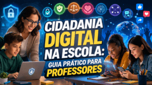 Imagem de capa para o artigo/blog “Cidadania Digital na Escola: Guia Prático para Professores”. Mostra professores e alunos a interagir com laptops, tablets e smartphones, com ícones representando cidadania digital, segurança, empatia e IA responsável. Estilo moderno, vibrante, em formato 16:9, ideal para blog ou redes sociais.