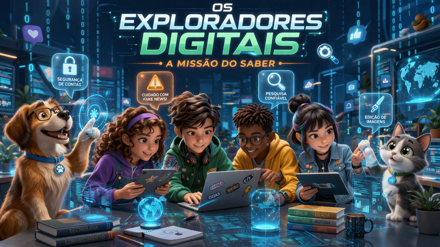 Ilustração 3D realista de estilo editorial em formato horizontal (16:9) para o livro 'Os Exploradores Digitais – A Missão do Saber'. Quatro jovens protagonistas (Ana, Tomás, Rafa, Rita) estão sentados em torno de uma mesa, usando tablets e laptops, com expressões de curiosidade e entusiasmo. À esquerda, o cão Mauzão interage com hologramas, à direita o gato Tareco observa ícones flutuantes. O fundo é um ambiente tecnológico limpo, com códigos binários brilhantes, faixas de luz holográfica e ícones digitais educativos (cadeados, lupa, pincel, redes sociais). Balões de fala translúcidos mostram símbolos: cadeado (segurança de contas), alerta (fake news), lupa (pesquisa), pincel (edição de imagens). Títulos 'Os Exploradores Digitais' e 'A Missão do Saber' aparecem no topo com efeitos luminosos. Paleta de cores em azuis e verdes tecnológicos, com detalhes em laranja e amarelo, iluminação cinematográfica suave, sombras realistas, reflexos e efeitos volumétricos, mantendo hierarquia visual clara entre protagonistas, mascotes, ícones e fundo.