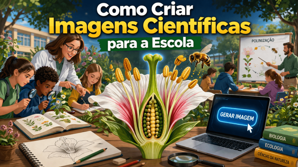 Ilustração educativa em estilo de poster de sala de aula ao ar livre mostrando alunos e um professor observando e estudando flores e polinização. Ao centro, uma flor em corte longitudinal detalhada, representando a anatomia interna com óvulos e estames, sem legendas. À frente, caderno com desenho à mão de uma flor, laptop com botão azul 'GERAR IMAGEM', livros de biologia, ecologia e ciências da natureza. No topo, título em letras douradas e legíveis: 'Como Criar Imagens Científicas para a Escola'. Ambiente de jardim escolar, com luz natural e cores vivas, enfatizando aprendizagem prática e científica.
